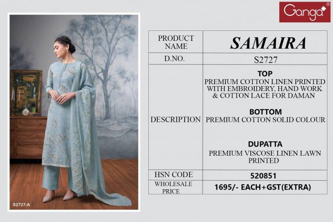 Samaira 2727 By Ganga Linen Printed Premium Cotton Dress Material Wholesale Price In Surat